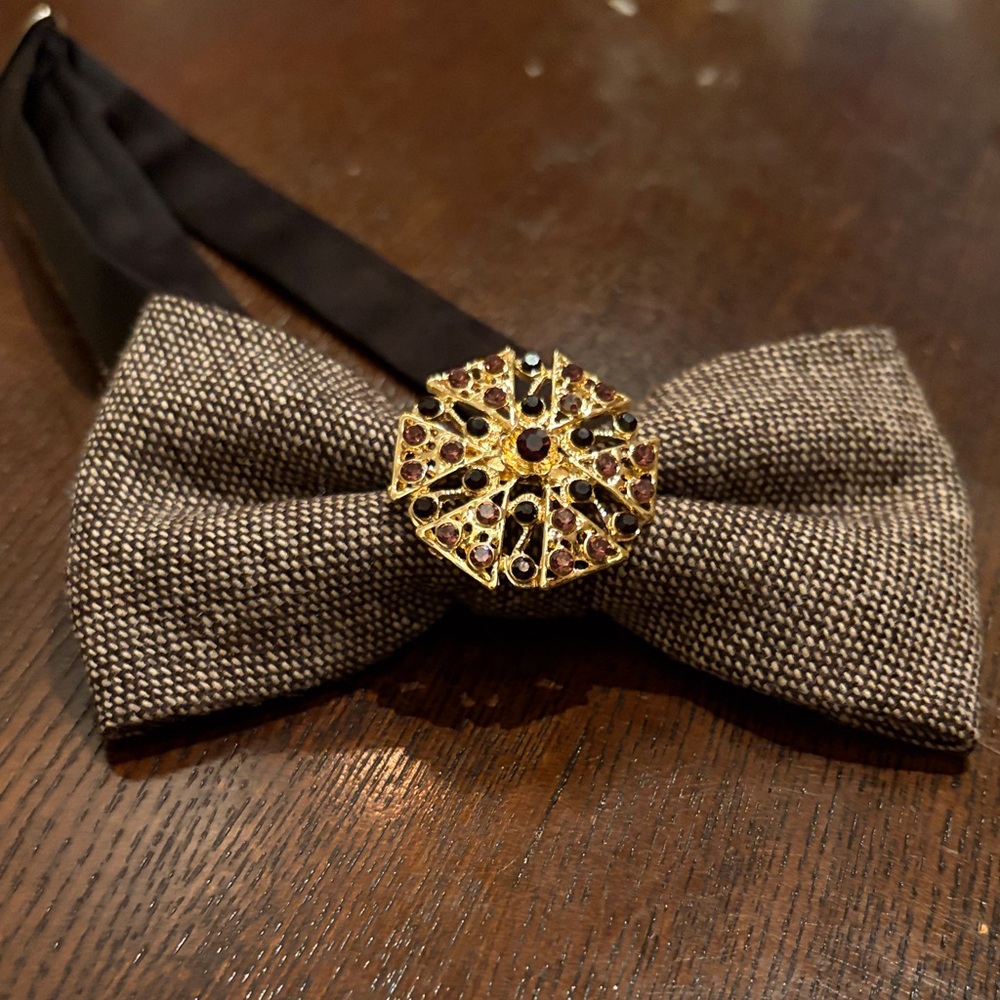 Unisex Brown Textured Bow Tie with Gold Jeweled Pin